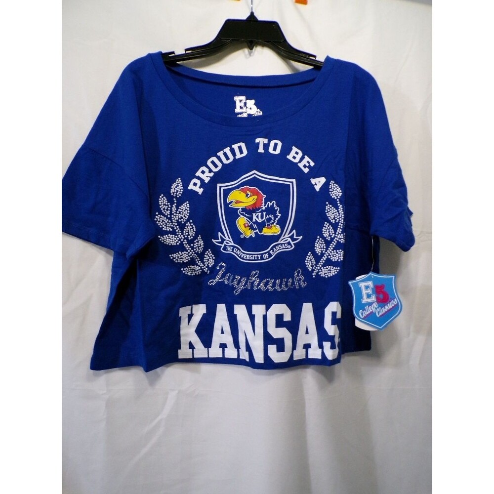 E5 College Classics Women's Kansas Jayhawks Blue Cropped T-Shirt Large